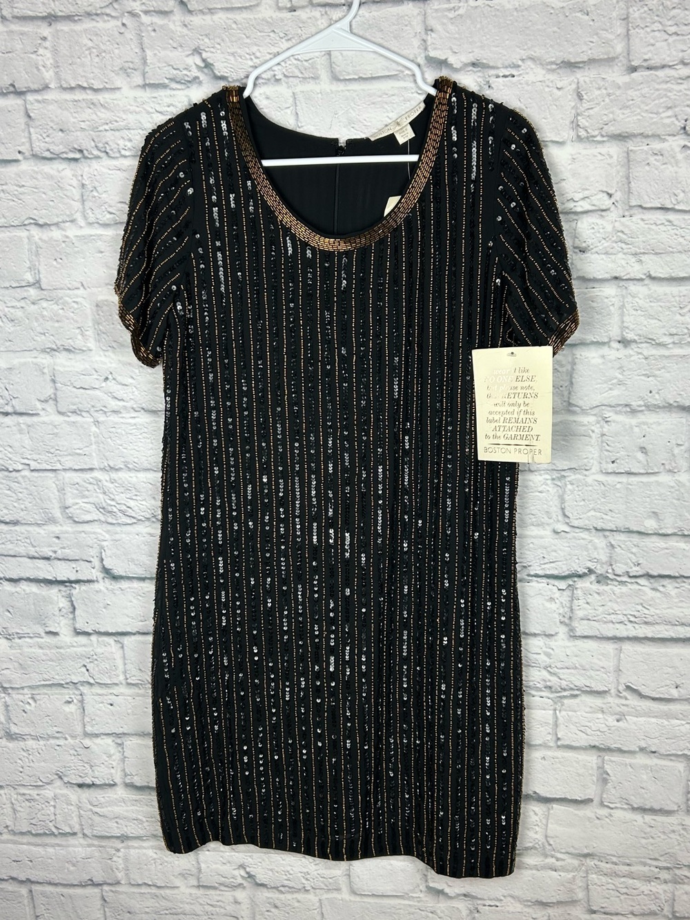 Boston Proper NWT Stripe Sequin Shift Dress Black Gold Beaded Size 6